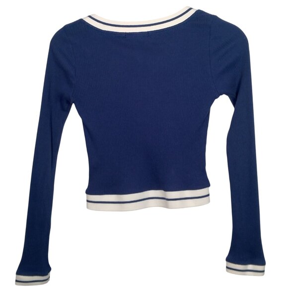 Forever 21 Shirt Juniors Medium Baby Crop Top Ribbed Blue Varsity Academia Y2K - Picture 3 of 16